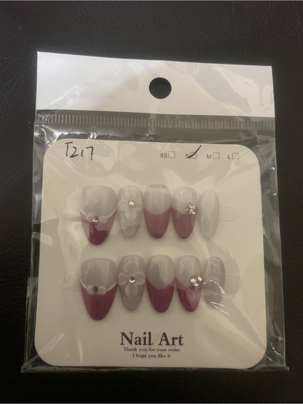 Pink and White Marble French Press-On Nails with Rhinestones